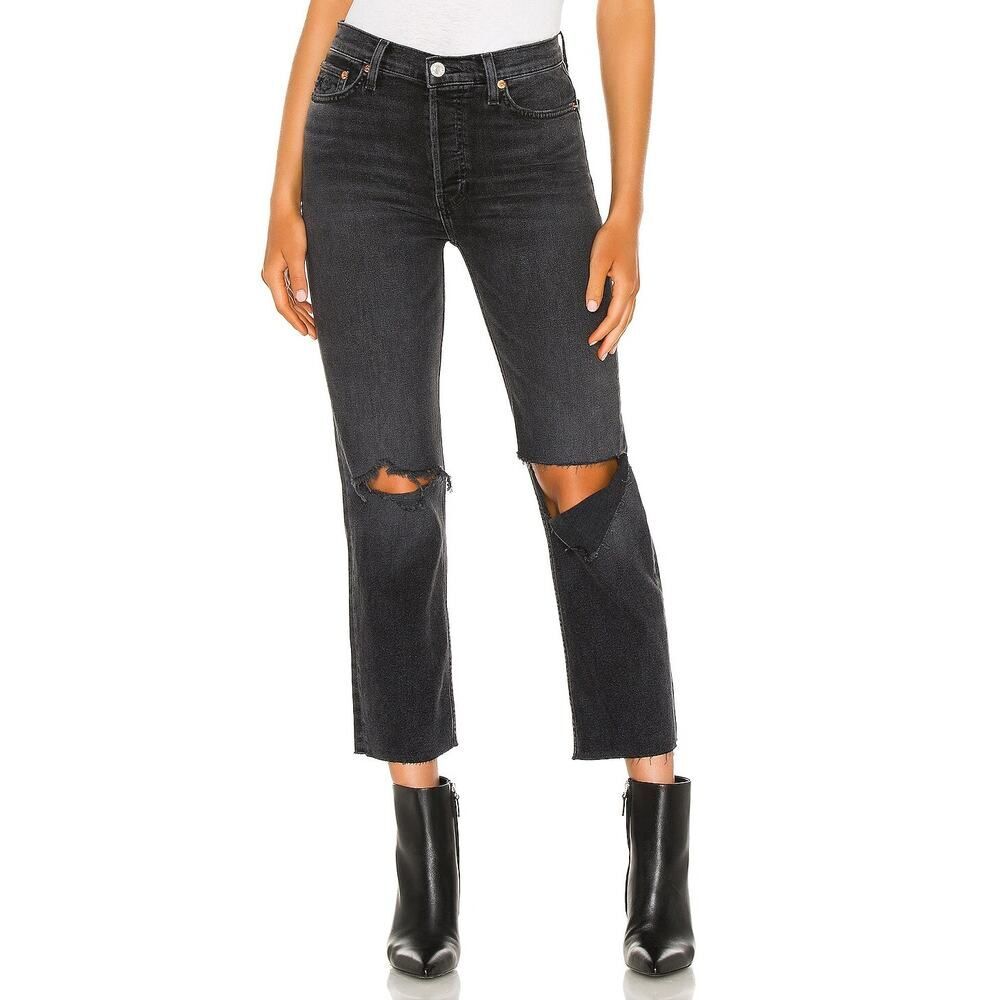 RE/Done Womens Jeans 26 Black 70s Stove Pipe High Rise Straight Leg Cropped